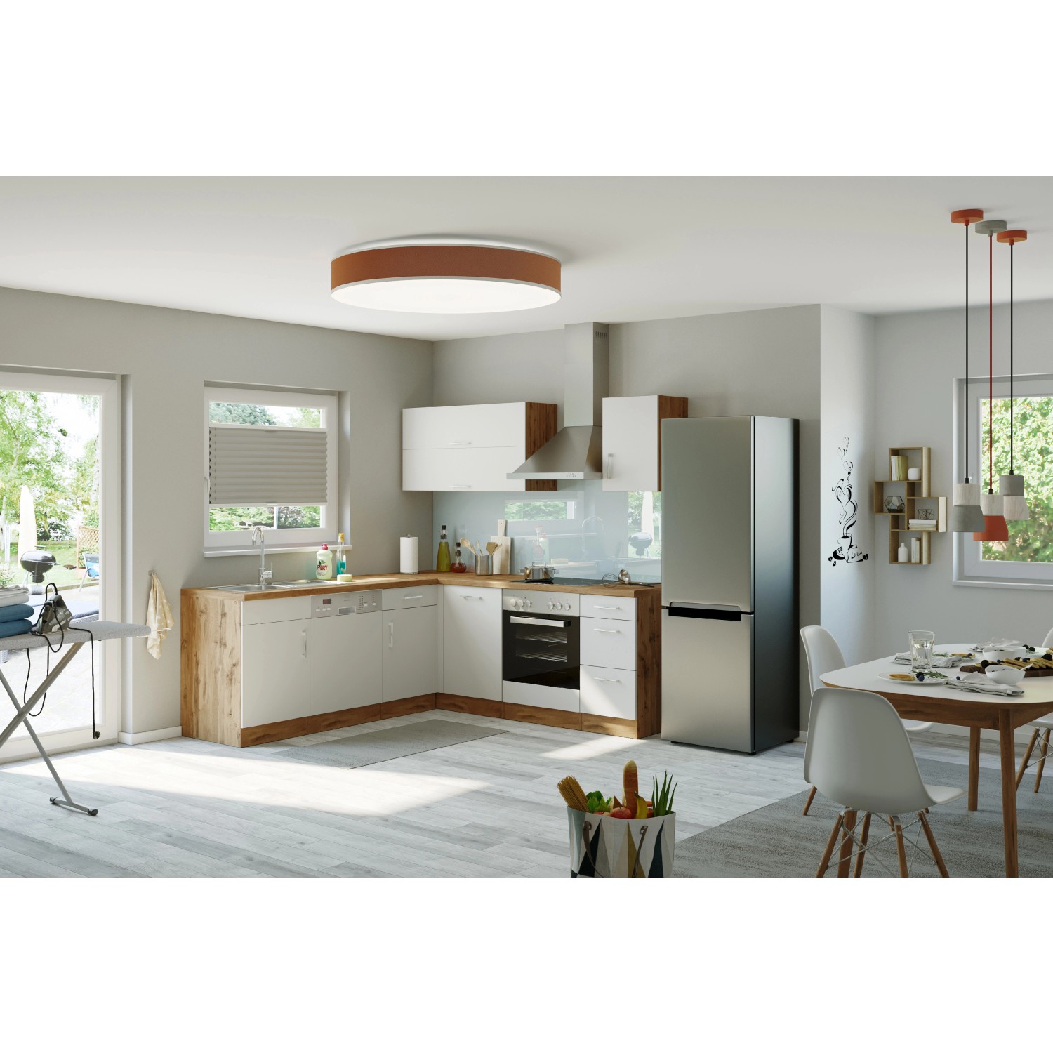 Held Möbel Küchenzeile Sorrento 210 cm Weiß-Wotaneiche Winkel