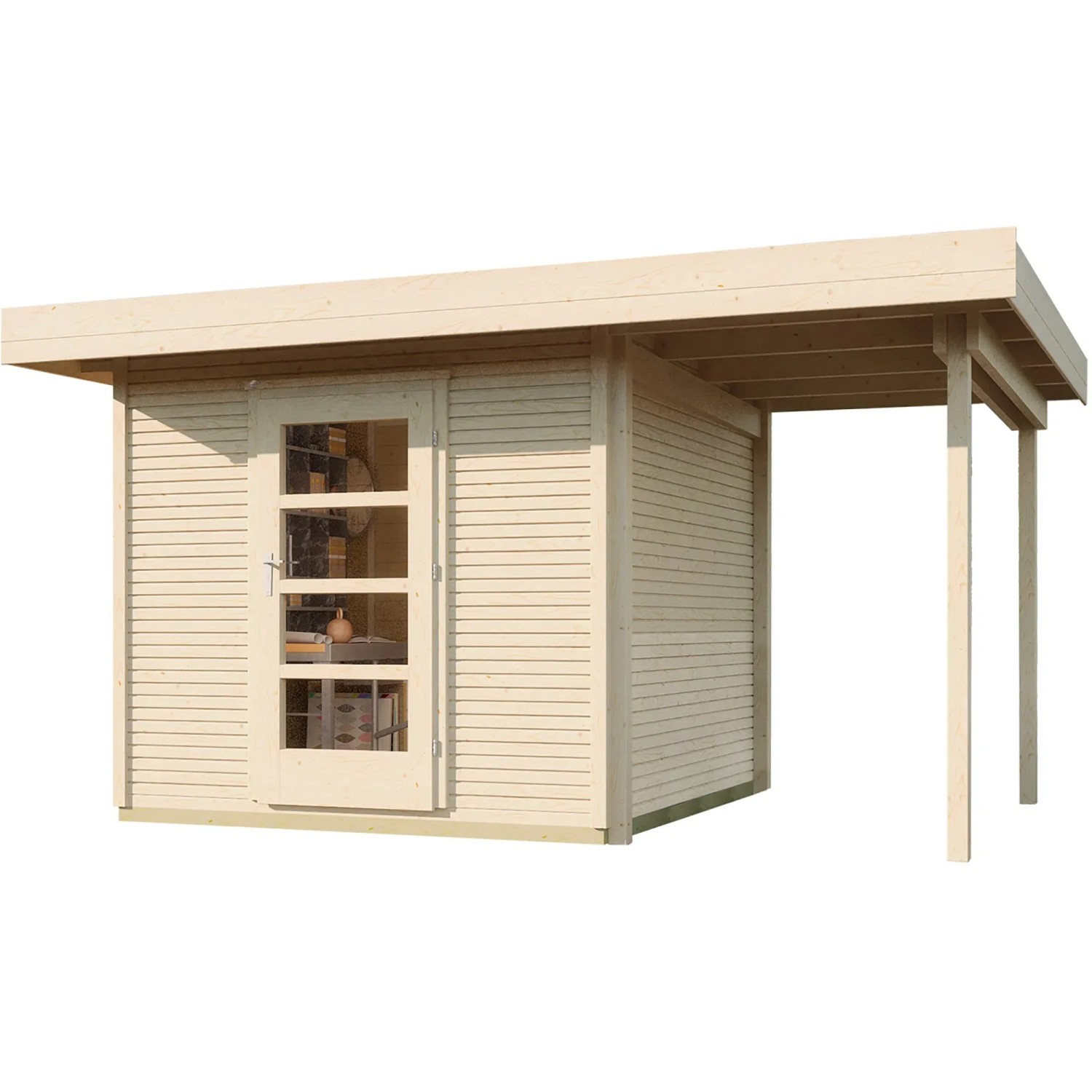 WekaLine Holz-Gartenhaus mit Flachdach, unbehandelt, 355x284 cm. Gartenhaus mit Anbau und Tür.