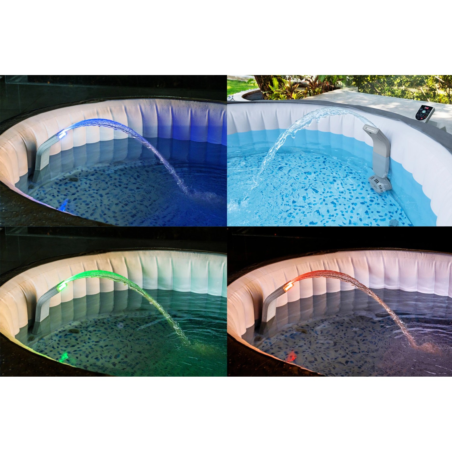 Bestway LAY Z SPA LED Wasserfall mit 7 Farben für Whirlpool, verschiedene Ansichten.