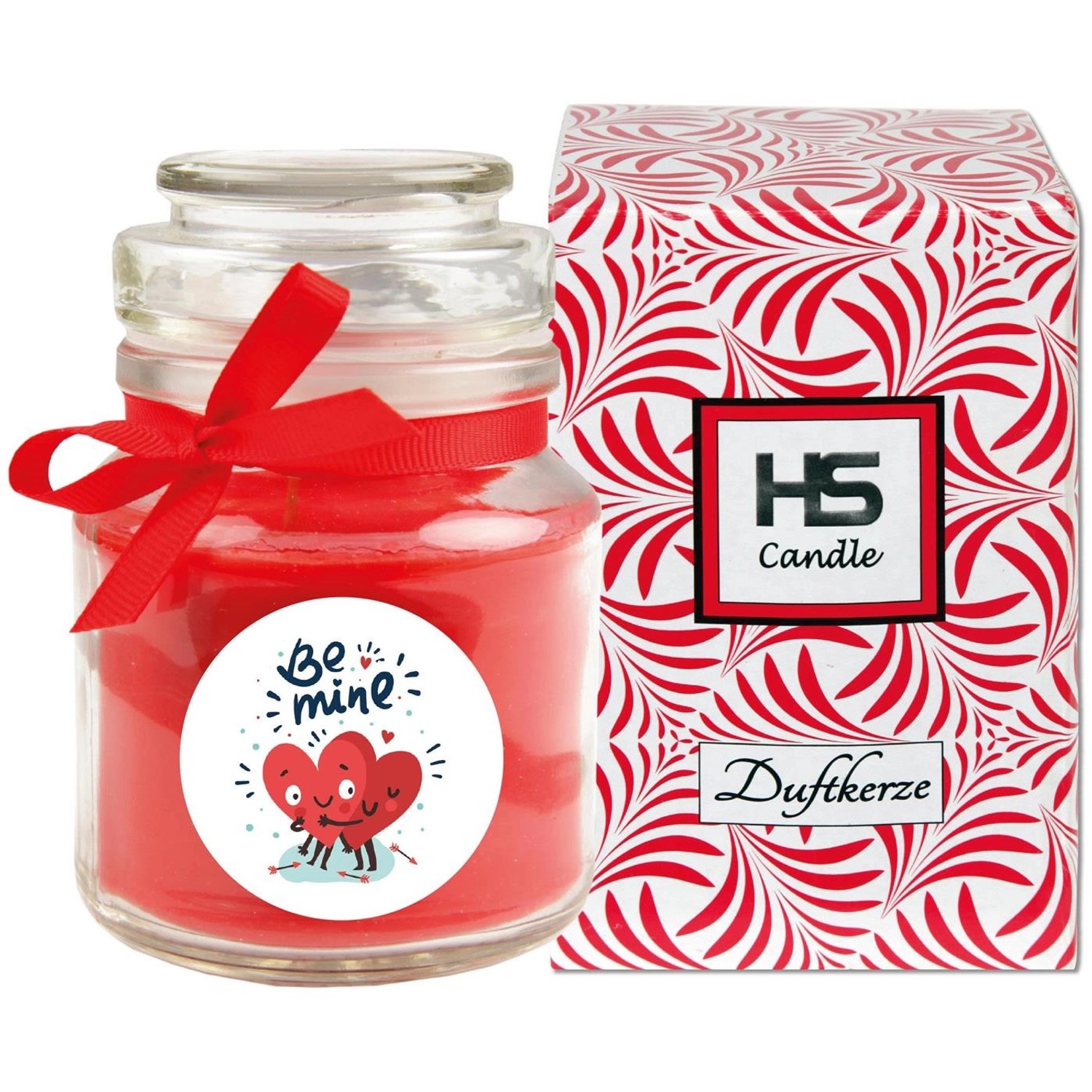HS Candle Duftkerze Valentinstag 'Be Mine' im Glas mit roter Schleife und Geschenkbox.