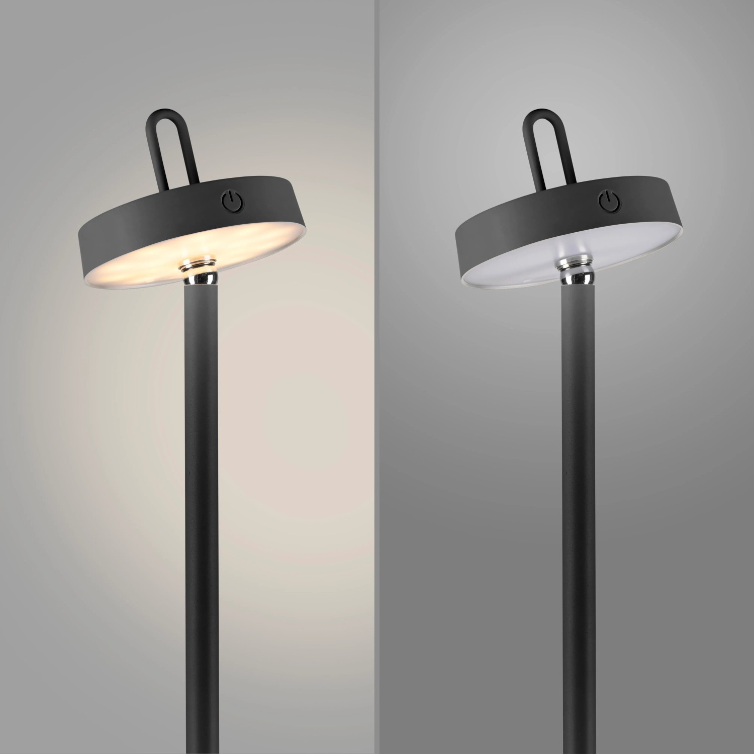 Schwarze LED Akku Stehleuchte Amag von Just Light, 125cm hoch, mit warmweißem Licht und Touchdimmer.