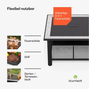 Blumfeldt Merano Avanzato 3-in-1: Feuerschale, Grill und Tisch in Weiß, ideal für Garten und Terrasse.