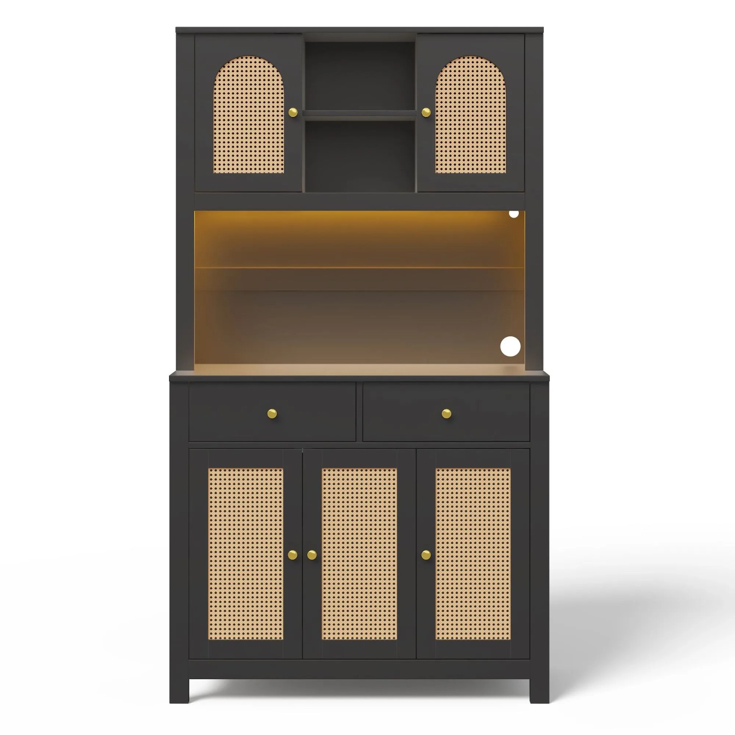 Merax Küchenschrank 100x40x180 cm 5 Rattantüren 2 Schubladen LED