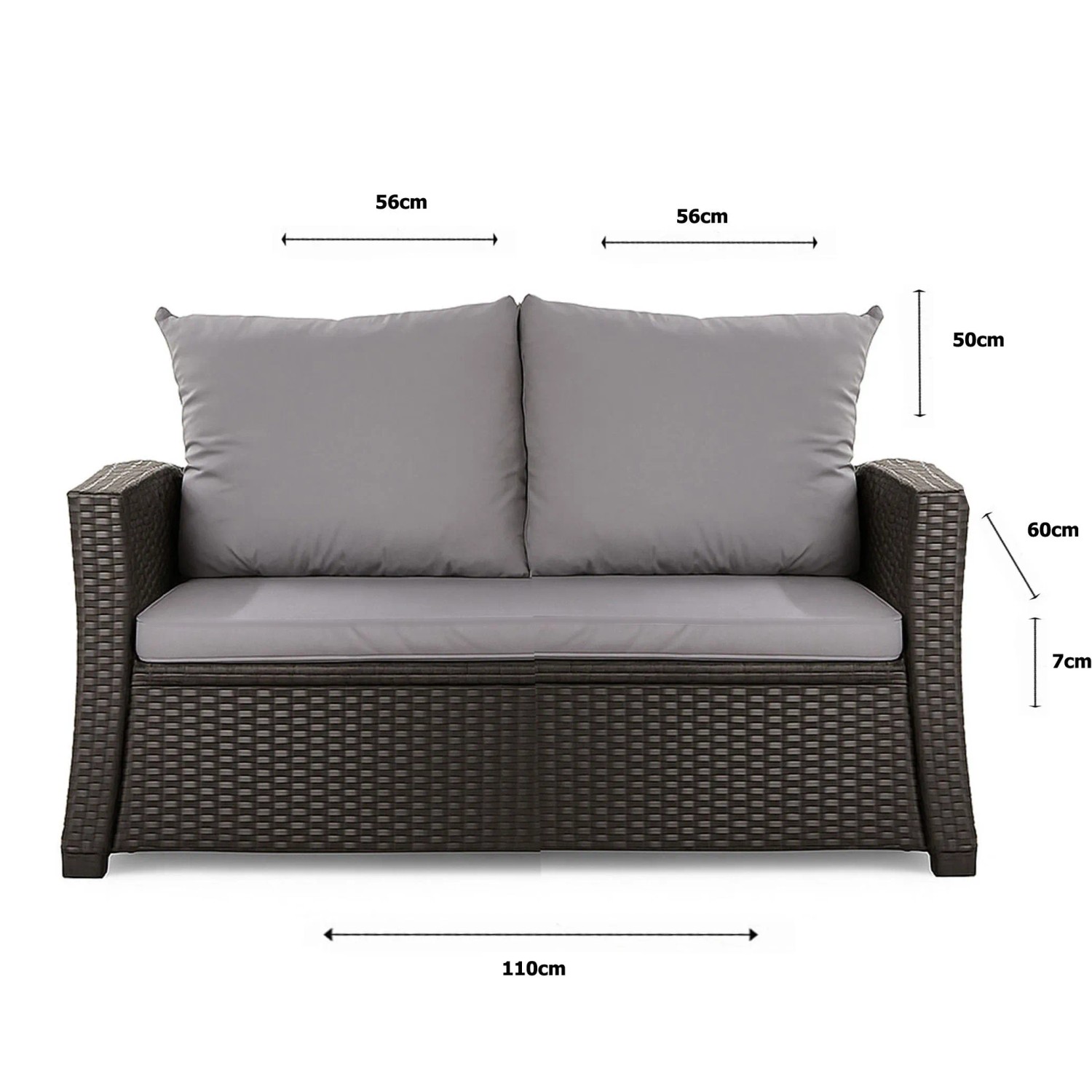 Graues 1-tlg. Gartenkissen Set für 2-Sitzer Polyrattan Gartensofa, 110x60x50 cm.