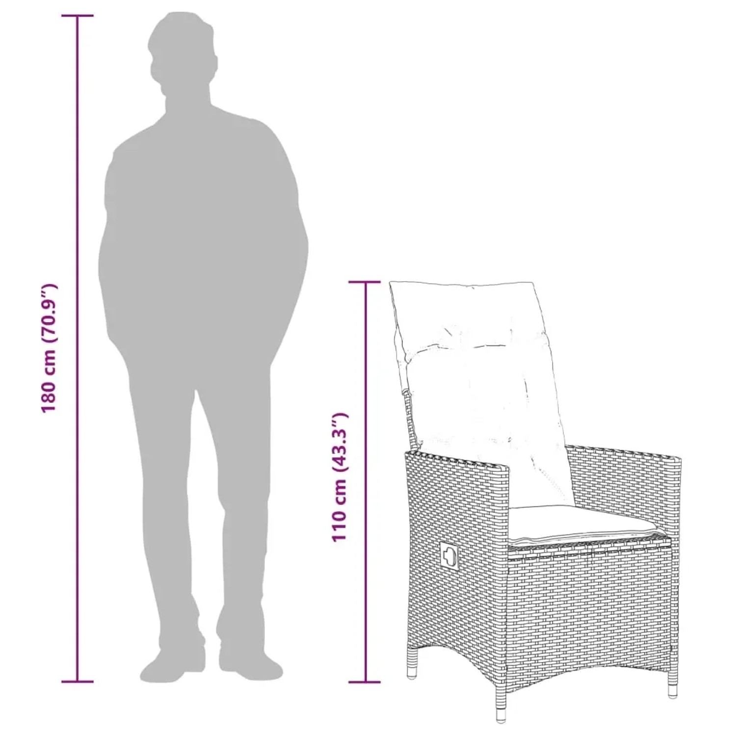 Braune vidaXL Gartenstühle (2 Stk.) aus Poly Rattan mit Kissen und verstellbarer Rückenlehne.