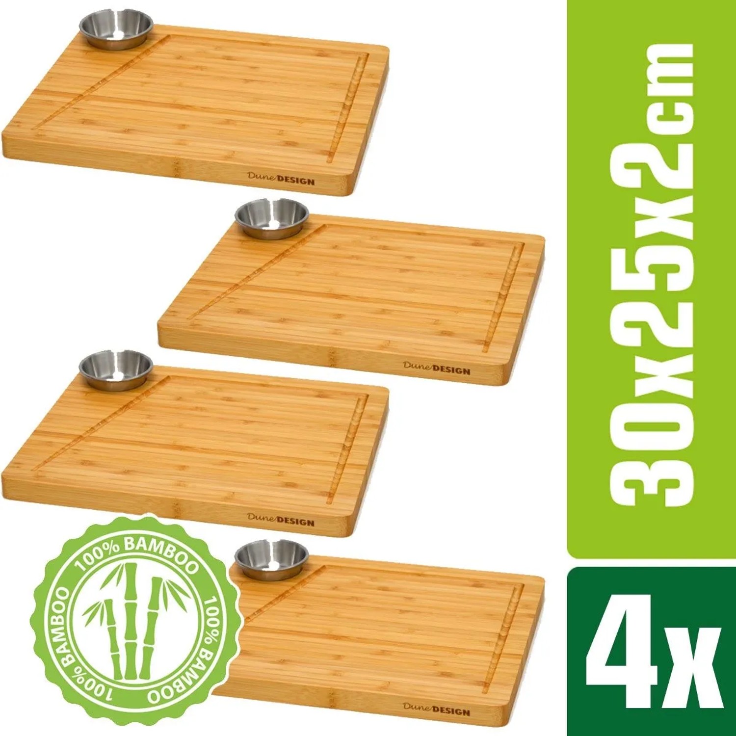 DuneDesign 4er Set Schneidebrett aus Bambus 30 x 25 cm mit Dipschale