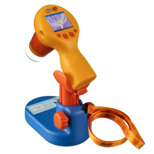 DieMaus Hand-Mikroskop Digital für Kinder, gelb/blau, mit Stativ und Zubehör.