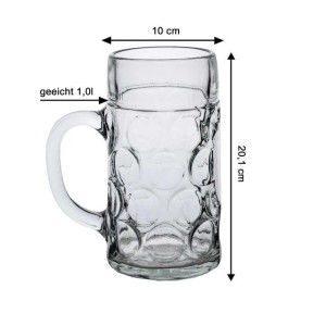 Klarer Glas-Maßkrug 1 Liter geeicht, mit Griff und Noppenstruktur, Maße 10x20,1 cm. 6er Set.