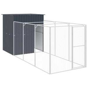 Anthrazitfarbene Hundehütte mit Auslauf aus verzinktem Stahl, 165x455x181 cm.