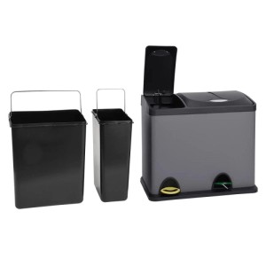 Grauer Svita TC2Combo26 Mülleimer aus Stahl mit 2 Fächern (8L+18L) für Mülltrennung, farbige Pedale, Inneneimer.