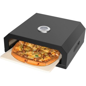 EL Fuego Pizzaaufsatz schwarz mit Pizza und Thermometer für Holzkohle-, Gas- und Elektrogrills.