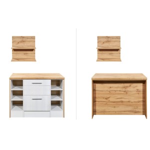 Respekta Kücheninsel Anton, 124 cm, Lärche Weiß, mit Hängeregal und Schubladen.