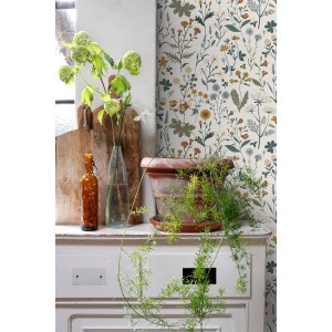 ESTAhome Tapete Feldblumen Ockergelb Graugrün und Vintage Blau 53 cm x 10.05 m