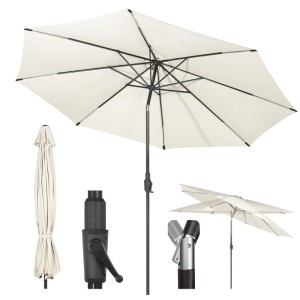 Sekey Sonnenschirm 350 cm mit Kurbel, beige, für Garten und Terrasse. Details zu Neigung und Kurbelmechanismus.