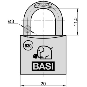 Basi Vorhangschloss VHS 630, 20mm, Aluminium, mit Schlüssel und Elefanten-Logo.