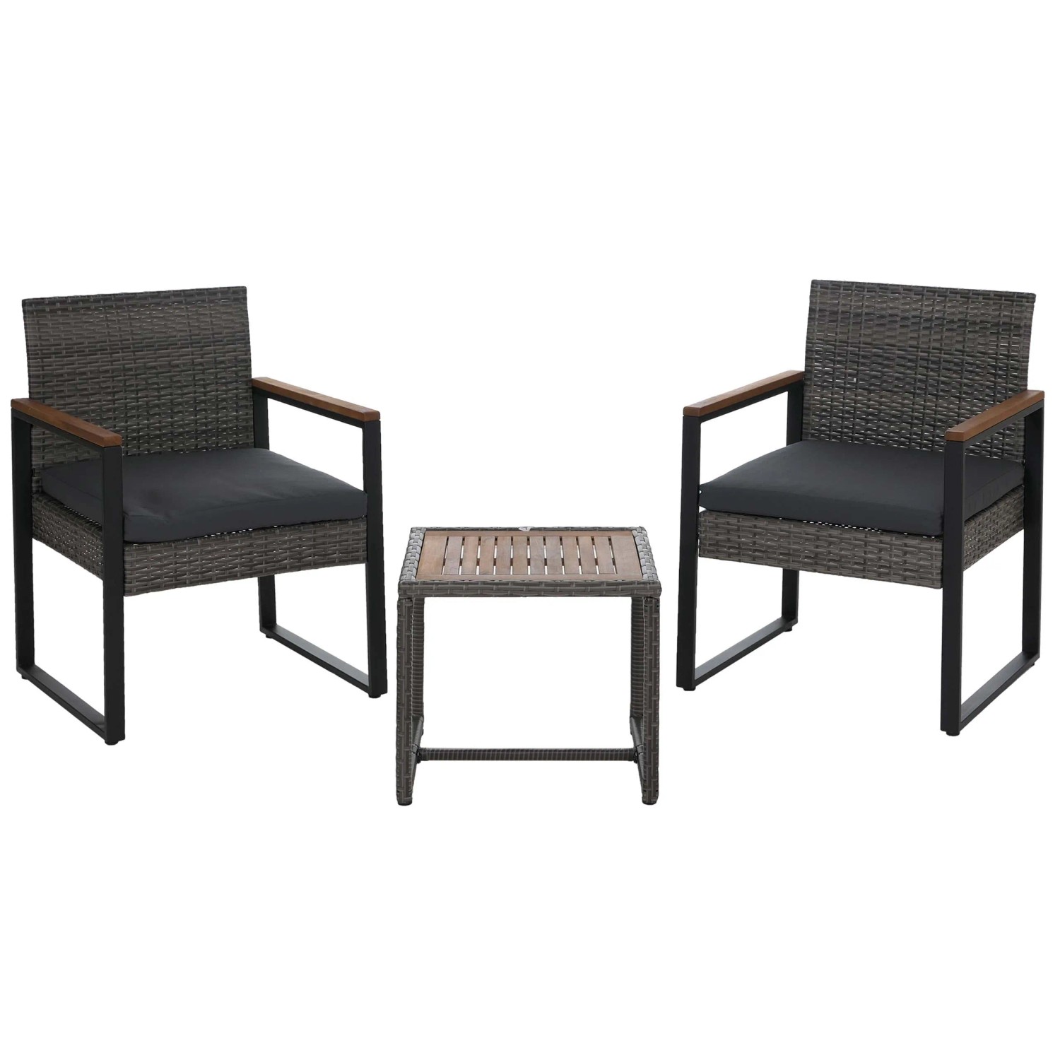 MCW Poly-Rattan Garnitur P74 Garten 2x Stuhl Tisch Akazie Holz Grau Polster Grau
