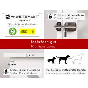 Detailansicht WONDERMAKE Hundekäfig Schrank cavea1: Stabile Bauweise, Verschluss, Holzstärke, Hundegrößen.