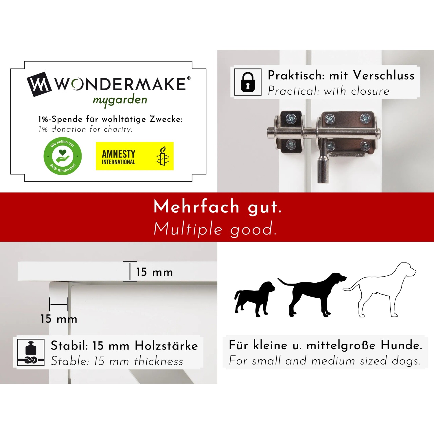 Detailansicht WONDERMAKE Hundekäfig Schrank cavea1: Stabile Bauweise, Verschluss, Holzstärke, Hundegrößen.