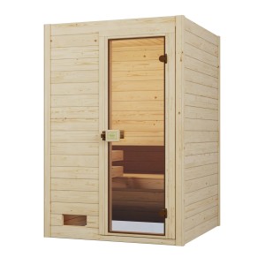 Weka Massivholzsauna Valida mit Glastür und 3,6 kW Ofen im Sparset. Kompakte Sauna aus Fichtenholz.