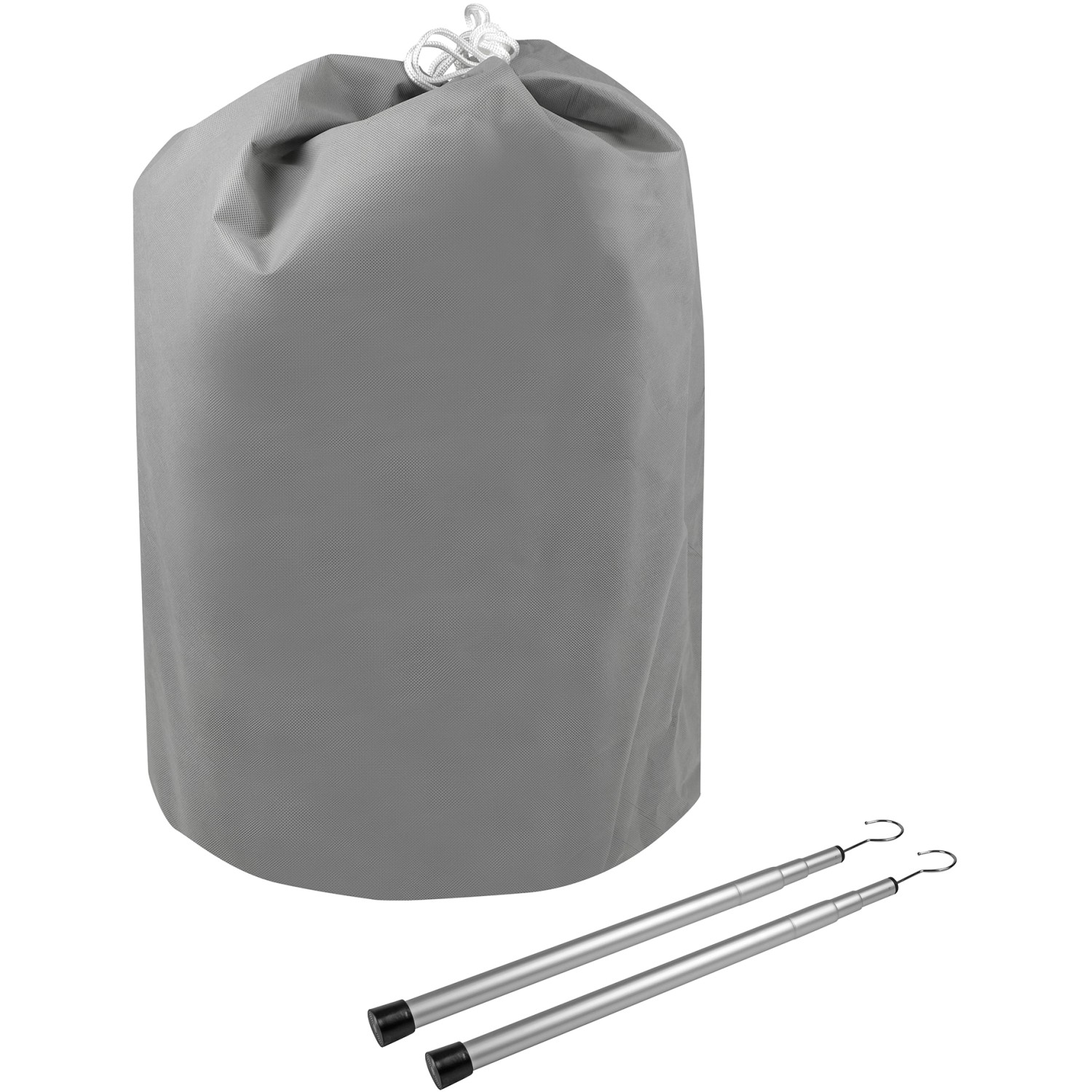 Graue Wohnmobil Schutzhülle (650x235x270cm) mit Teleskop-Überziehhilfe und Kordelzug.