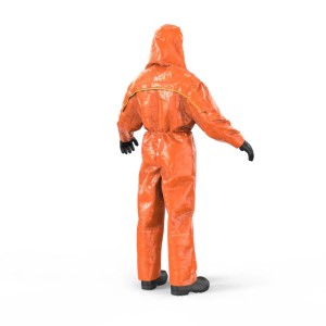 Oranger Dräger Schutzoverall 4400 CLF mit Kapuze. Schützt vor Chemikalien, Flüssigkeiten und Stäuben.