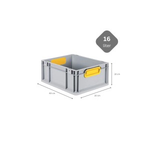 Graue Eurobox mit gelben Griffen, 17x30x40 cm, als Sparset 10 Stück mit Deckel und Verschluss.
