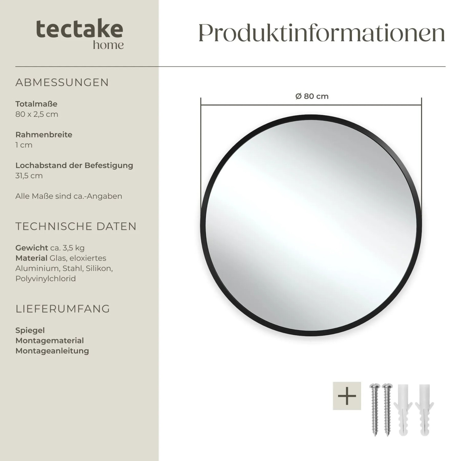 Runder Tectake Wandspiegel Fiona, 80 cm Durchmesser, mit schwarzem Aluminiumrahmen und Montagematerial.