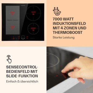 Klarstein Delicatessa 60 Hybrid Einbaukochfeld Induktion, schwarz, 4 Zonen, 7000 W, Glaskeramik, Touch-Bedienung.