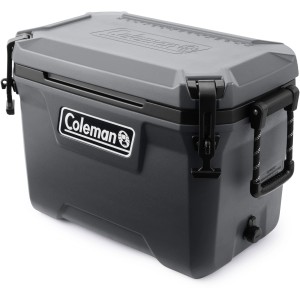 Graue Coleman Kühlbox Convoy 55qt mit Tragegriffen und Verschluss.