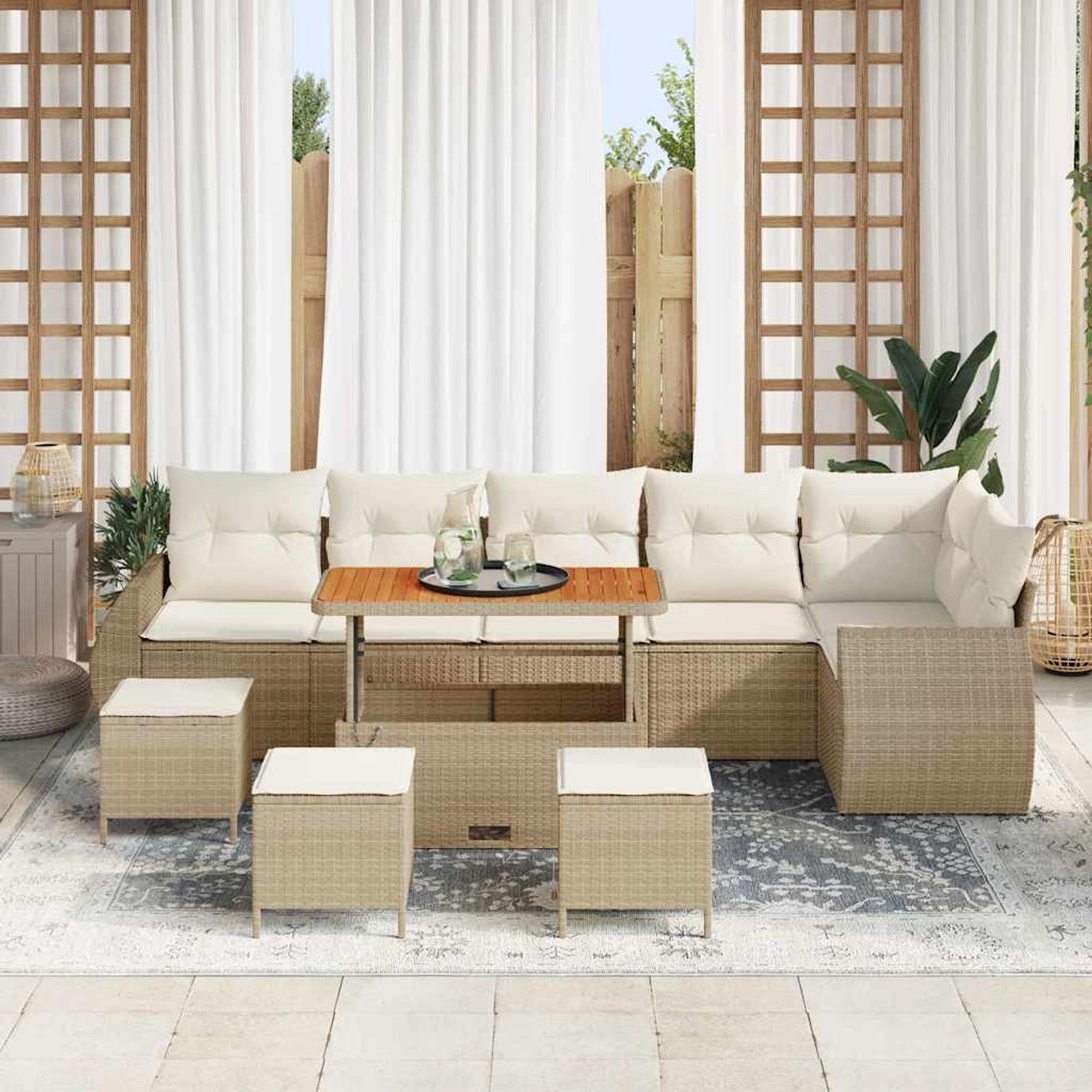 Beiges 10-tlg. vidaXL Garten-Sofa-Set aus Poly Rattan mit Tisch und Hockern für Terrasse und Garten.