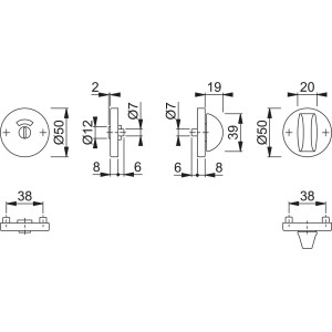 Technische Zeichnung: AnsaPro WC-Rosette Trave Alu mit Maßen für Türbeschläge.