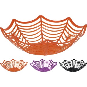 Korb aus PP-Material in Spinnennetz-Optik, erhältlich in Schwarz, Orange und Lila. Halloween Deko.