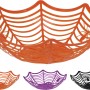 Korb aus PP-Material in Spinnennetz-Optik, erhältlich in Schwarz, Orange und Lila. Halloween Deko.