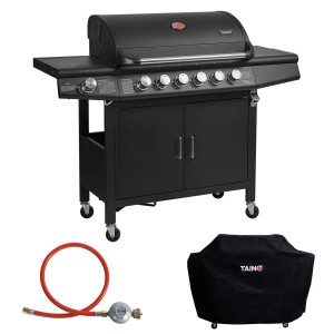 Schwarzer Taino Red 6+1 Gasgrill mit Haube, Regler und Abdeckhaube.