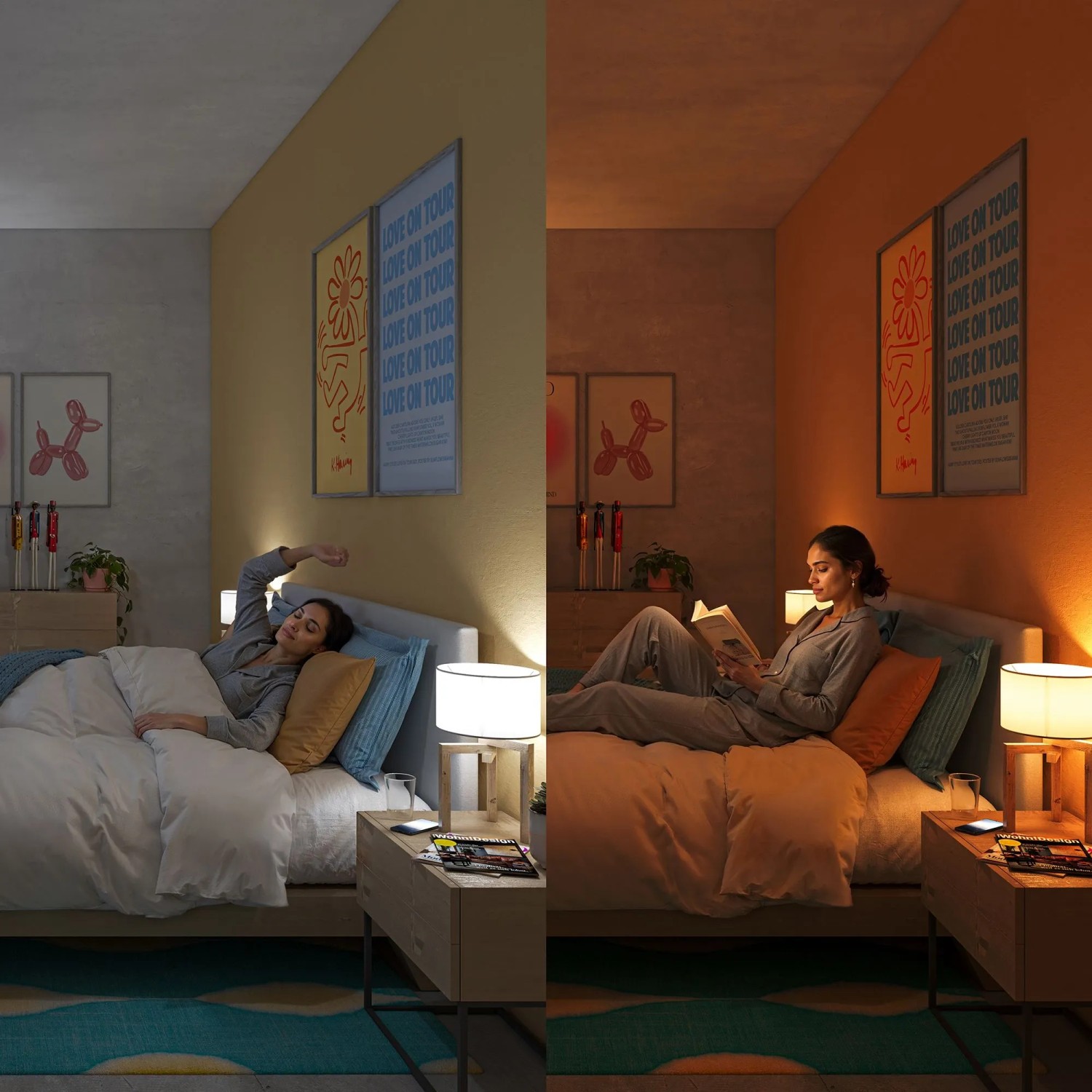 Schlafzimmer mit Philips Smart-LED-Leuchtmittel E14. Links: kaltweißes Licht beim Aufwachen. Rechts: warmweißes Licht beim Lesen.