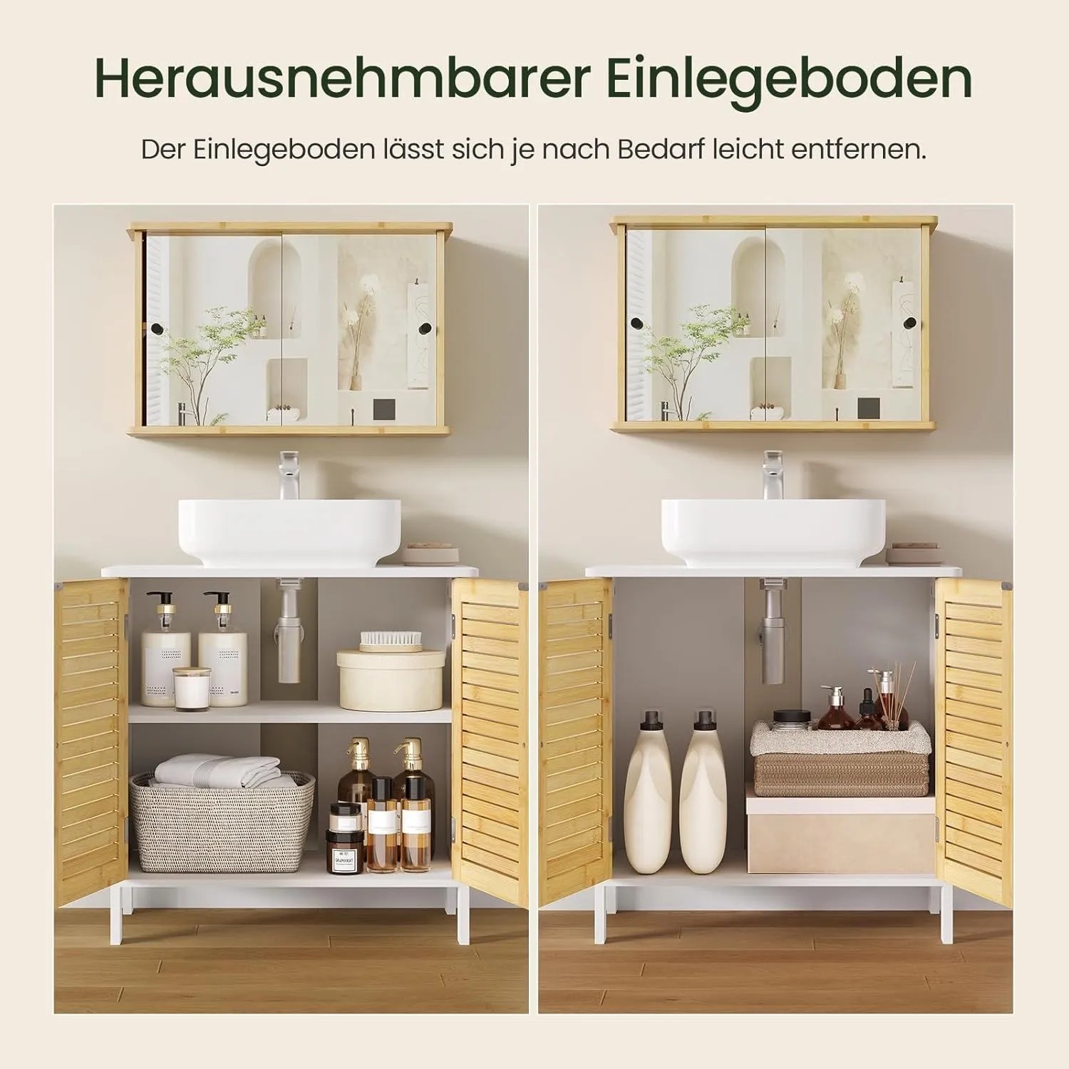 EUGAD Bambus Waschbeckenunterschrank mit Lamellentüren, zeigt flexiblen Stauraum mit und ohne verstellbaren Einlegeboden im Bad.