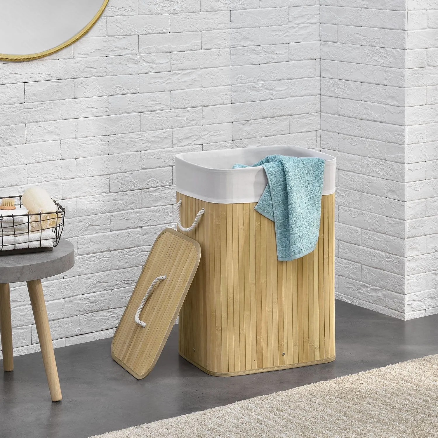Bambus Wäschekorb (72L) mit Deckel und Wäschesack, naturfarben. Ideal für Bad oder Schlafzimmer.