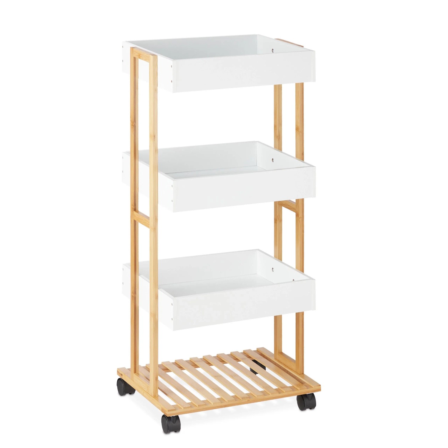 Relaxdays Servierwagen Bambus Weiß Mit Bremsen 88 cm x 40 cm x 30 cm