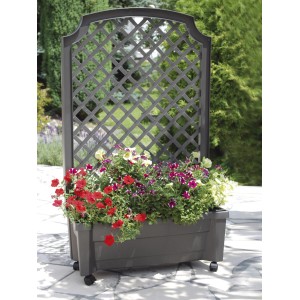Anthrazitfarbener KHW Pflanzkasten Calypso mit Spalier und bunten Blumen, mobil dank Rollen.