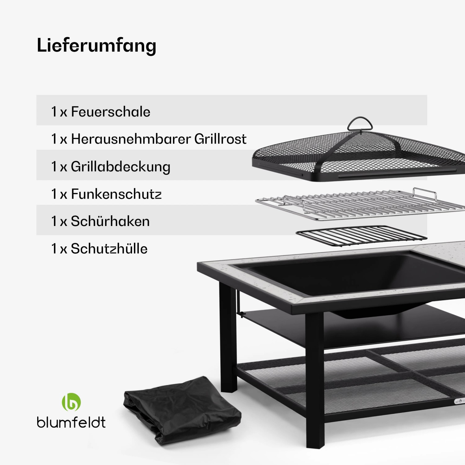 Lieferumfang Blumfeldt Merano Avanzato L: Feuerschale, Grillrost, Grillabdeckung, Funkenschutz, Schürhaken, Schutzhülle.