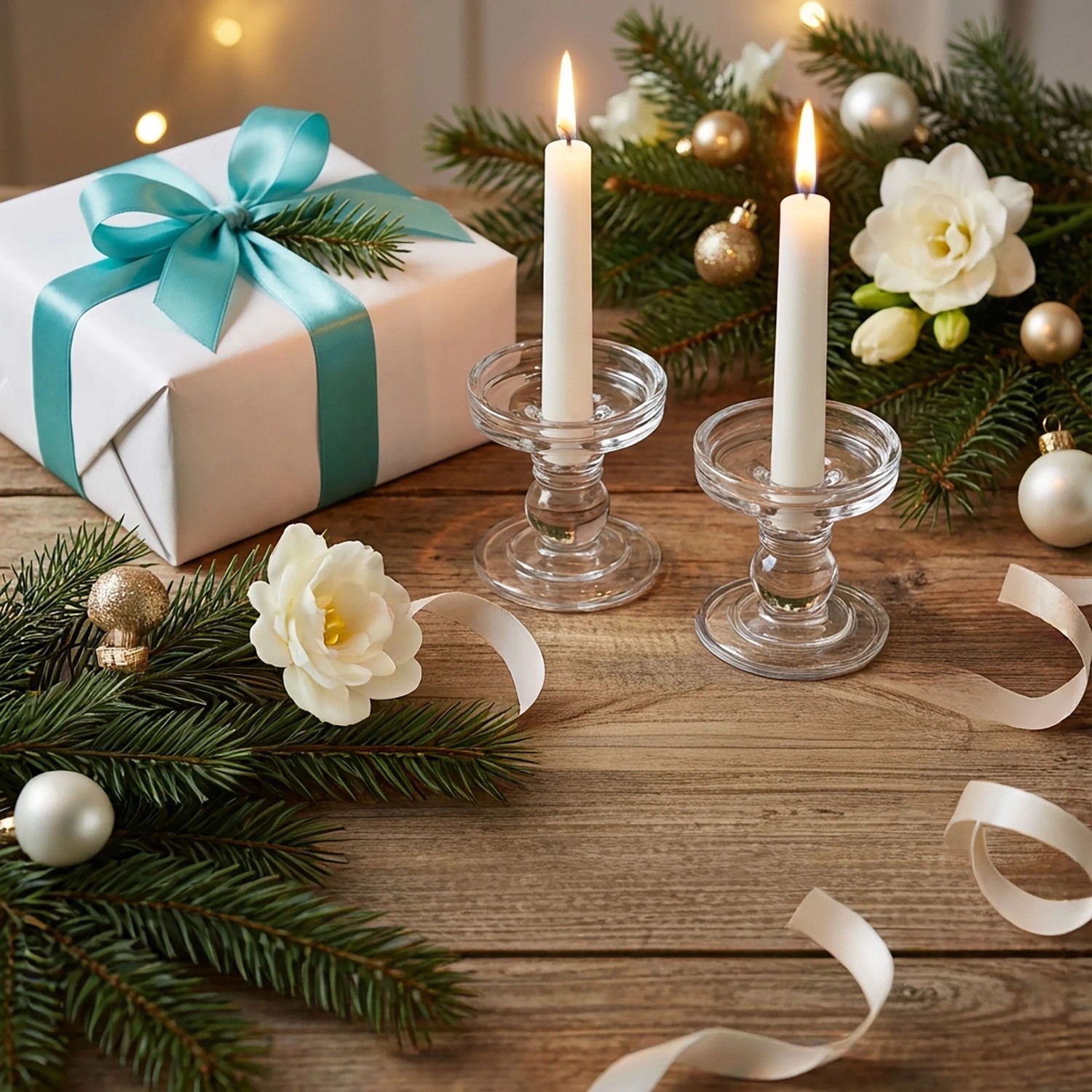 2er Set transparente Relaxdays Kerzenhalter aus Glas mit brennenden, weißen Kerzen und Weihnachtsdeko.