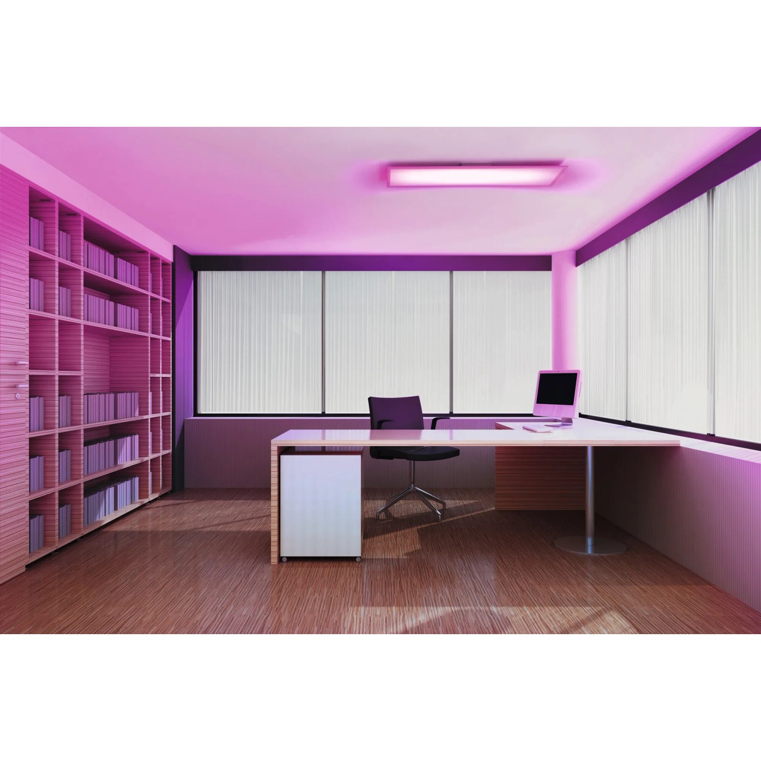 Büro mit Ledvance LED-Deckenleuchte Planon Plus, die in Weiß und RGB leuchtet.