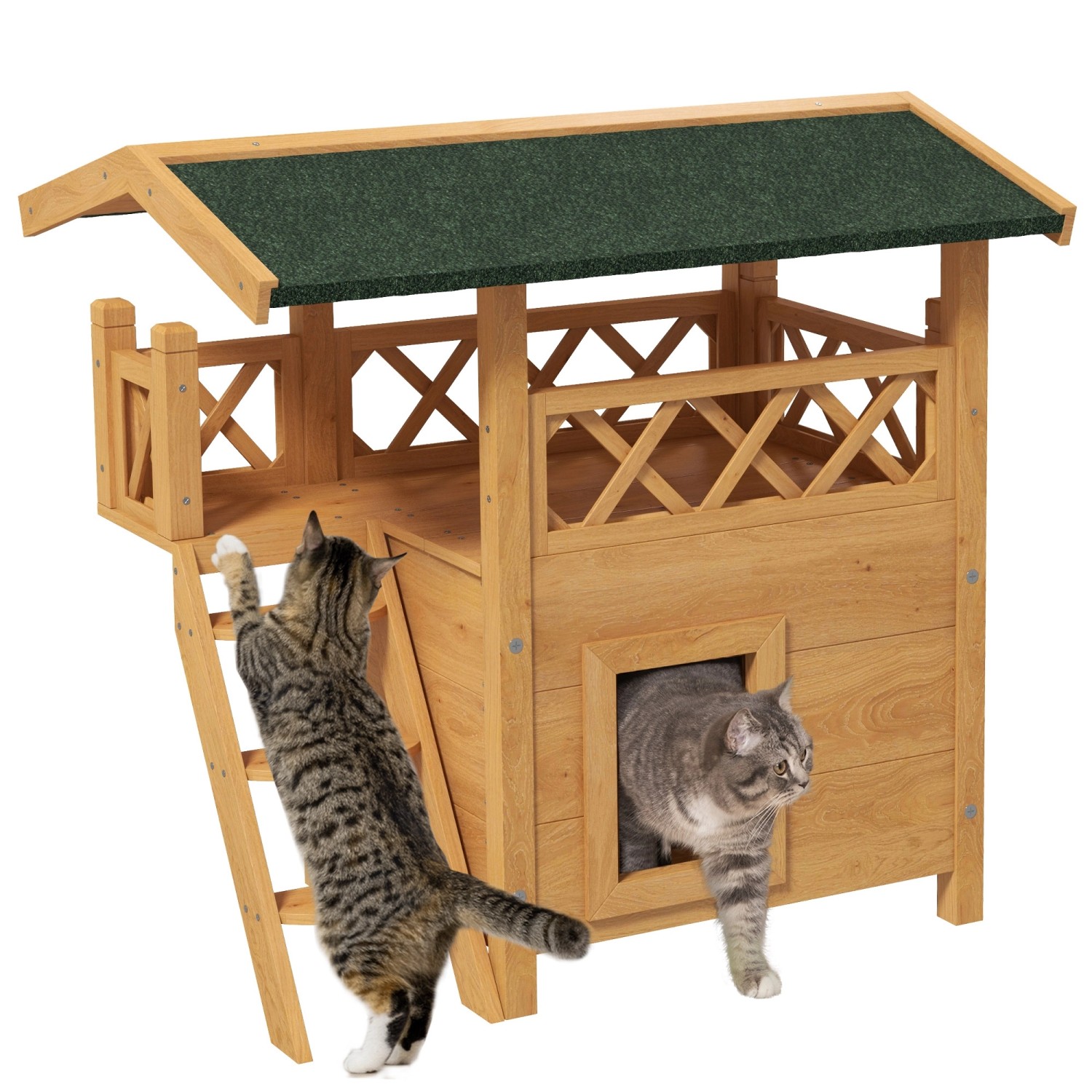 PawHut Katzenhaus mit Asphaltdach 2-Stöckig 77 x 50 x 73 cm