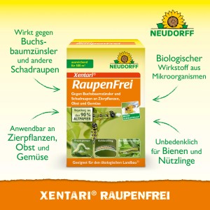 Neudorff Raupenfrei Xentari 25g: Packung zur Bekämpfung von Buchsbaumzünslern und Schadraupen.