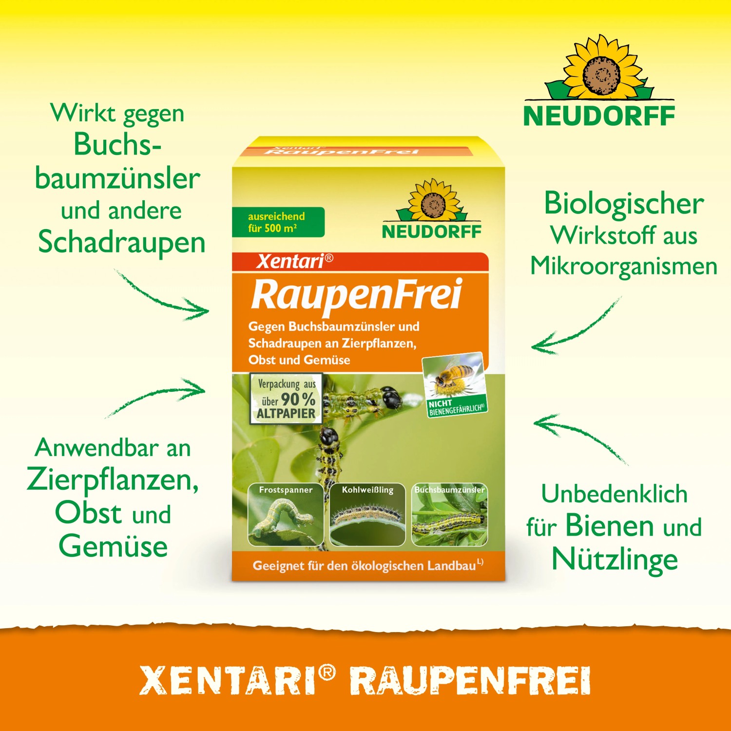 Neudorff Raupenfrei Xentari 25g: Packung zur Bekämpfung von Buchsbaumzünslern und Schadraupen.