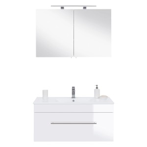 Posseik Badmöbel-Set Viva, 100 cm, Weiß Hochglanz, 2-teilig mit Waschbecken, Unterschrank und Spiegelschrank.