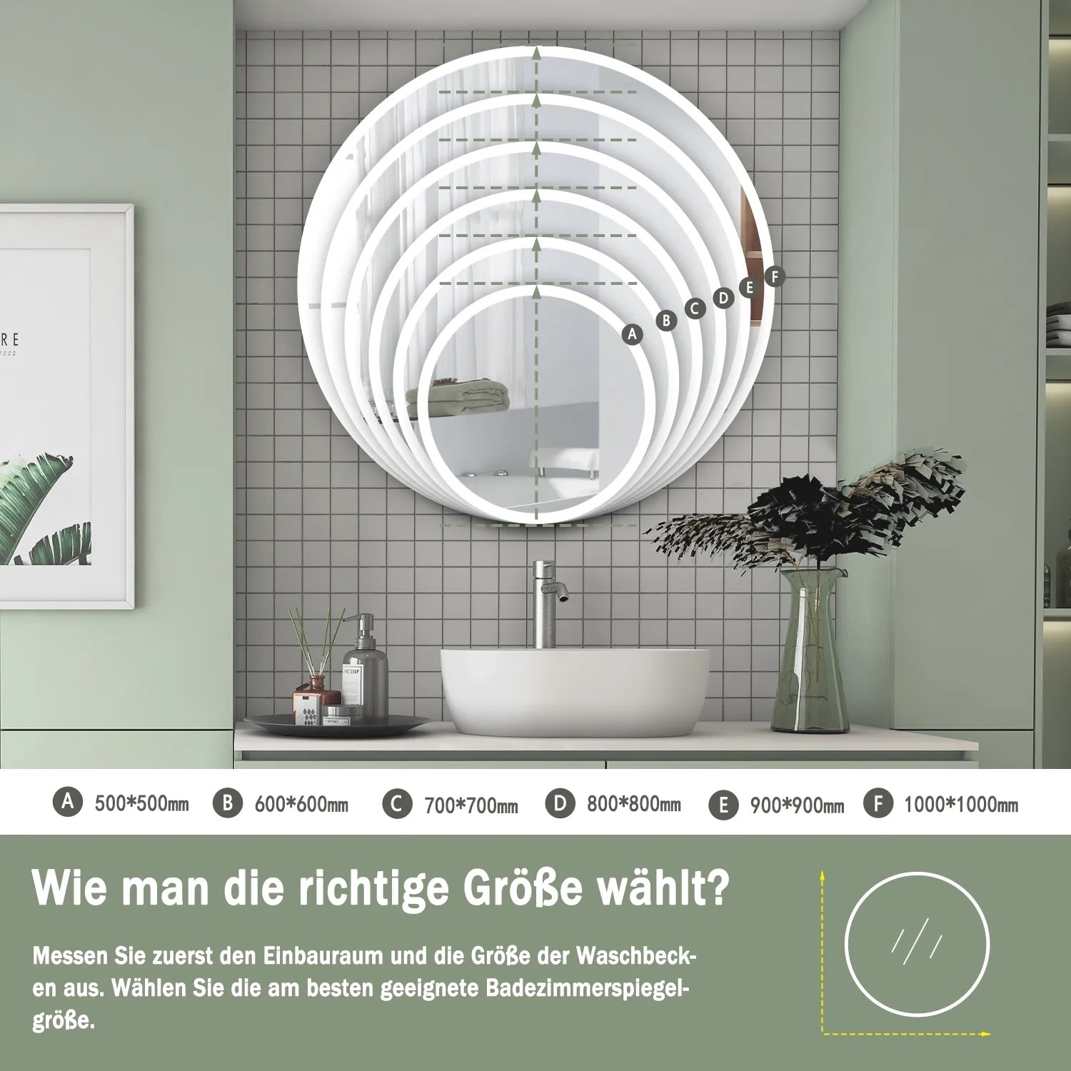 Aica Sanitär Badspiegel, rund, 60 cm, schwarz, mit Beleuchtung und Größenangaben.