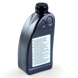 Schwarze FUXTEC FX-KO1000 Kettenölflasche, mineralisch, 1 Liter, mit schwarzem Schraubverschluss für Kettensägen.