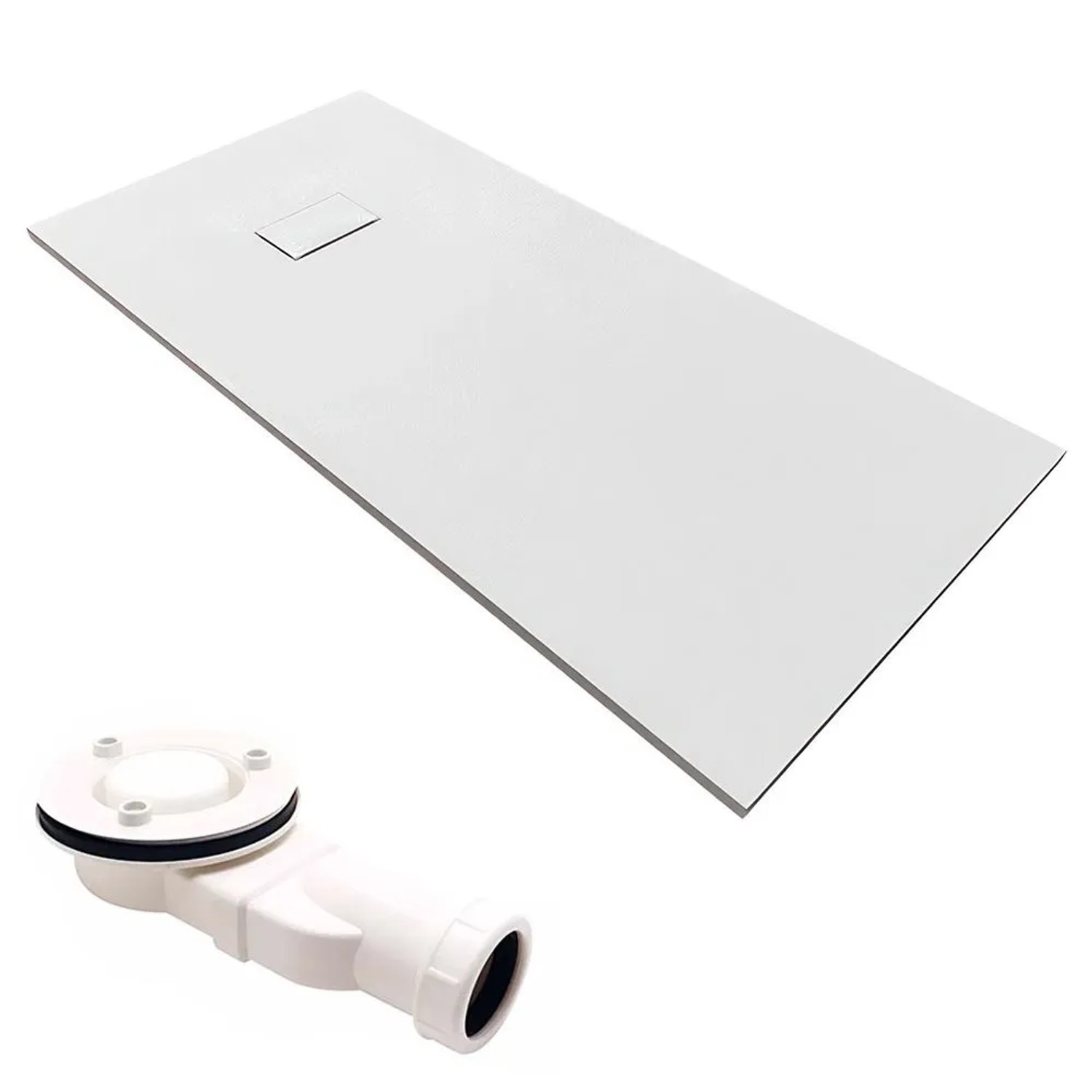 KOLMAN Duschwanne Rechteckig 150 x 90 x 3.2 Cm Verbundwerkstoff Weiß Steinoptik Inkl. Ablaufgarnitur