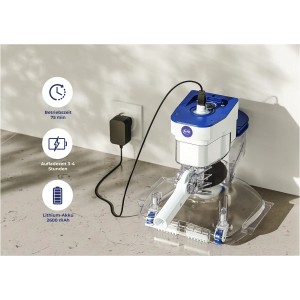 Weißer Gre Akku-Poolsauger 5.000 mAh beim Aufladen. Kabelloser Poolsauger mit Ladegerät.